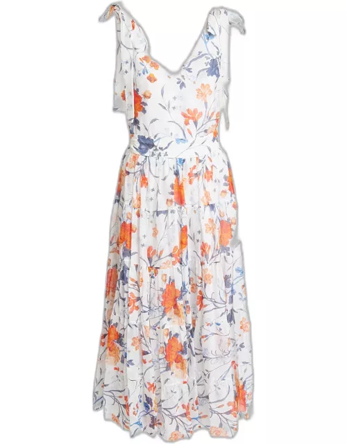 Floral-Print Tiered Belted Midi Dress with Self-Tie Shoulder