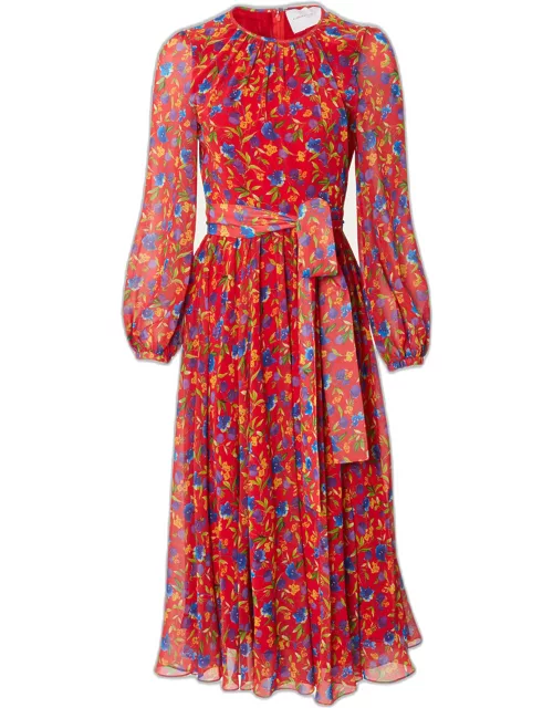 Floral-Print Gathered-Neck Long-Sleeve Midi Dres