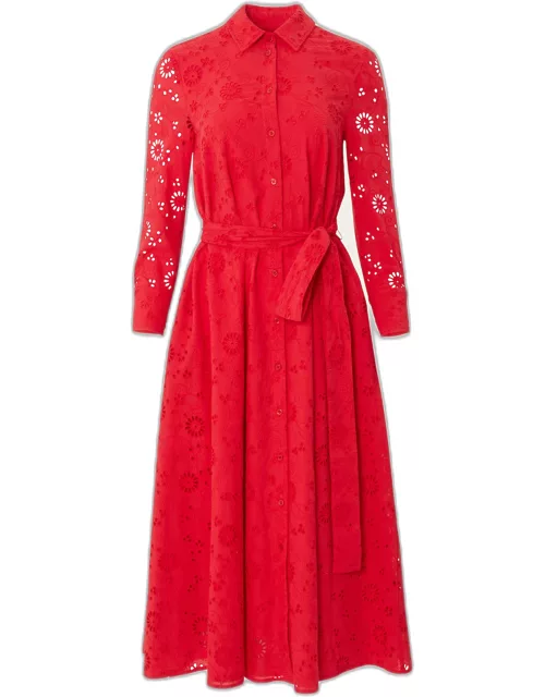 Broderie Anglaise Collared Midi Shirtdress With Waist Tie & Lining