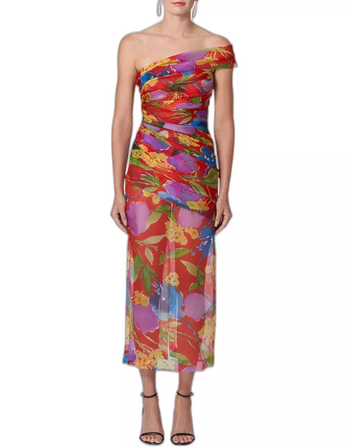Floral One-Shoulder Ruched Midi Dress with Shoulder Sash