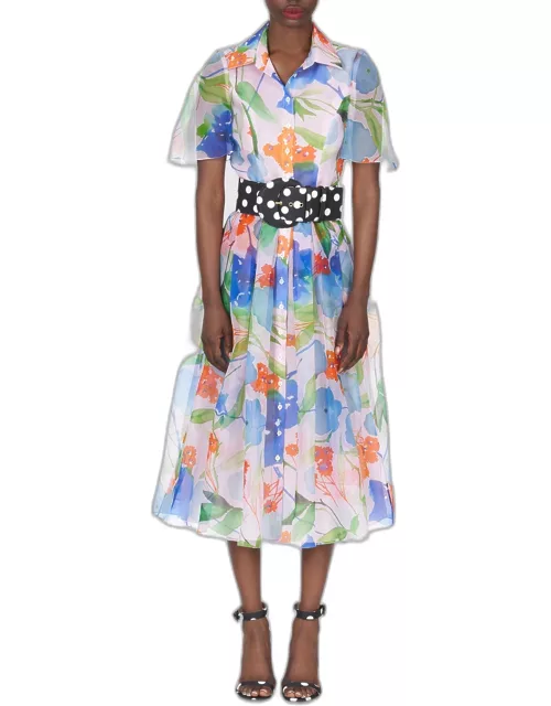 Button-Front Floral-Print Midi Dress with Tie Belt