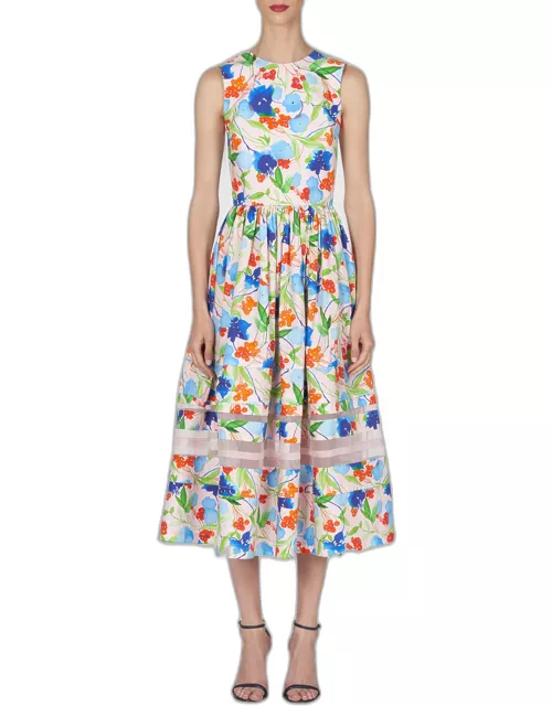 Floral-Print Midi Dress with Organza Detai