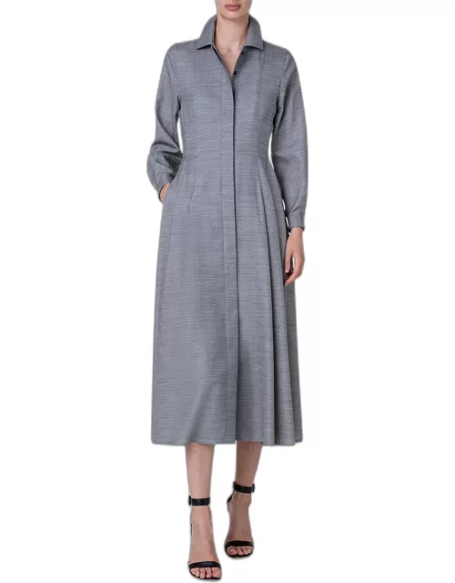 Long-Sleeve Pleated Wool-Silk Midi Shirtdres