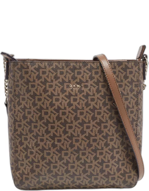 DKNY Brown Signature Coated Canvas and Leather Zip Messenger Bag