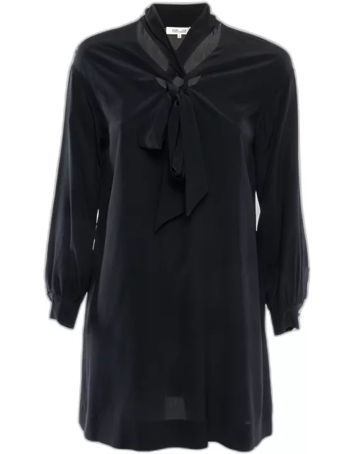 Diane Von Furstenberg Black Silk Neck Tie Detail Flared Mini Dress