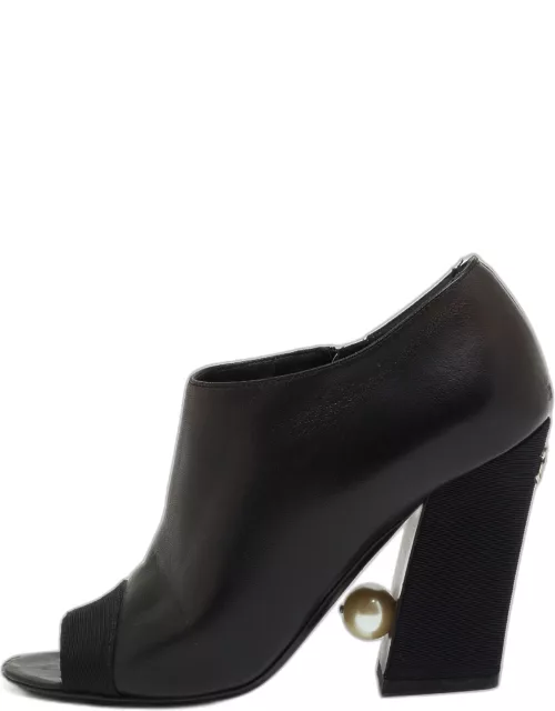 Chanel Black Leather Faux Pearl Open Toe Ankle Bootie