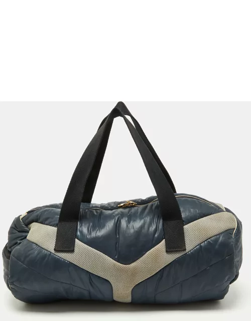 Yves Saint Laurent Navy Blue Satin and Knit Fabric Duffel Bag
