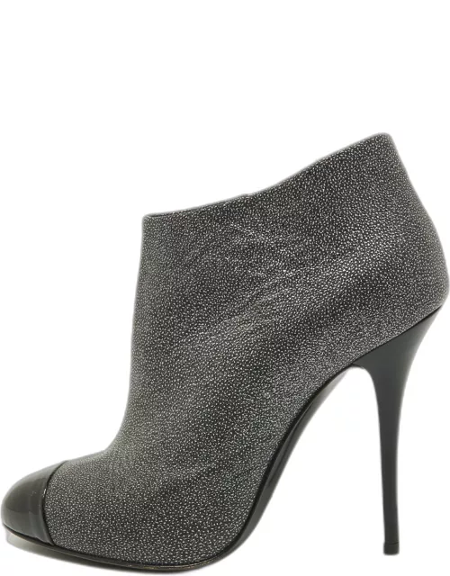 Giuseppe Zanotti Grey/Black Faux Leather and Patent Bootie