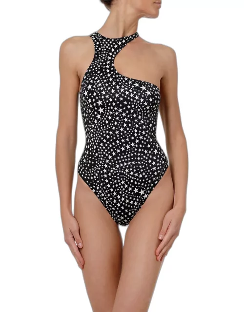 Star Print Asymmetric Cutout One-Piece Swimsuit