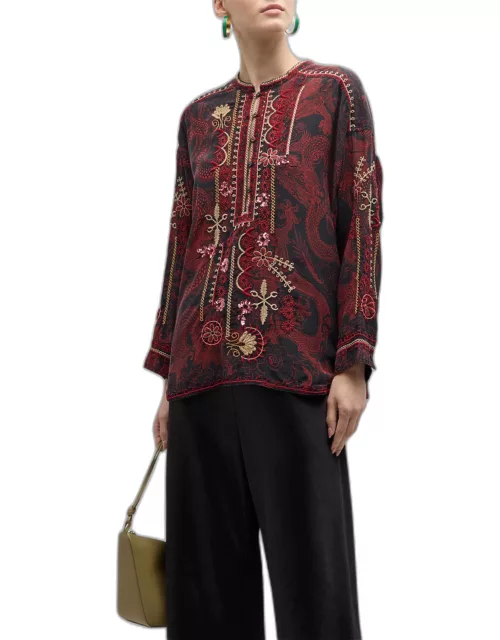 Belina Floral-Embroidered Dragon-Print Tunic