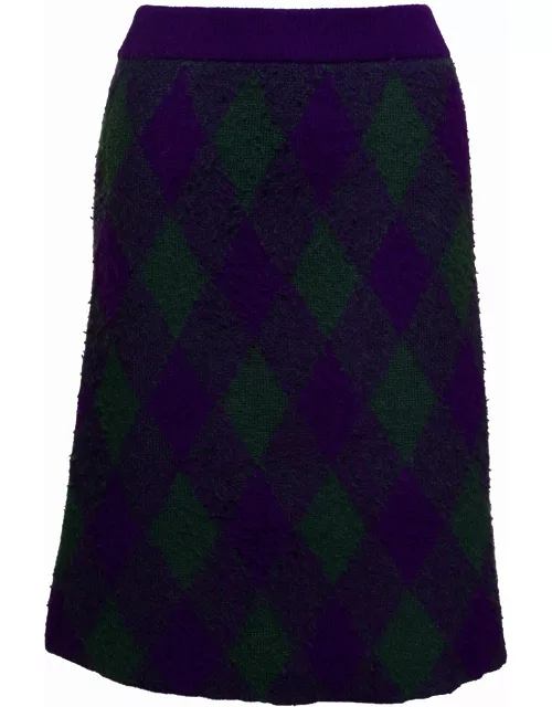Burberry Midi Purple Skirt With Argyle Print In Wool Woman