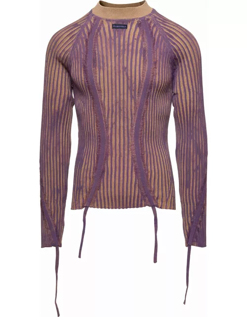 Bluemarble Beige And Violet Hand-painted Rib Sweater With Drawstring In Wool Man