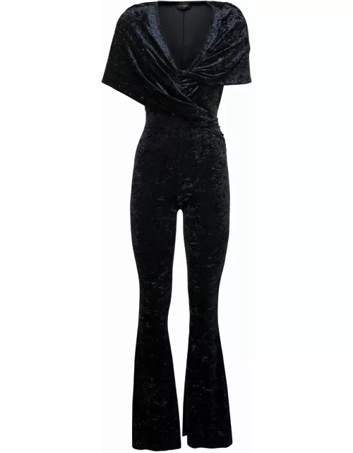The Andamane naomi Blue Hooded Flared Jumpsuit In Crushed Velvet Woman