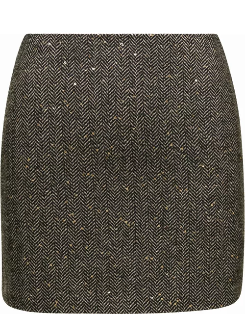 TwinSet Grey Mini-skirt With Paillettes Embellishment In Wool Blend Woman
