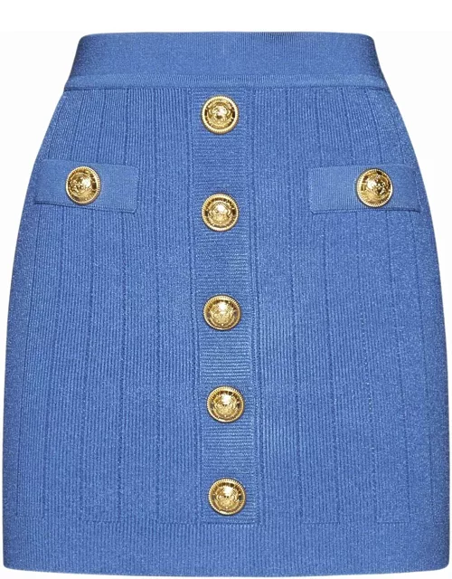 Balmain Blue Knit Short Skirt With Gold Button