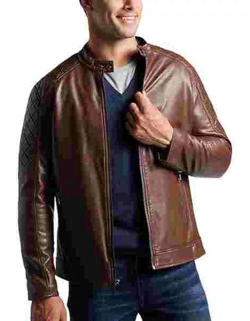 Awearness Kenneth Cole Men's Modern Fit Leather Moto Jacket Brown Solid