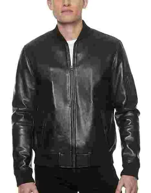 Sly & Co Men's Classic Fit Museum Lambskin Leather Bomber Jacket Black Solid