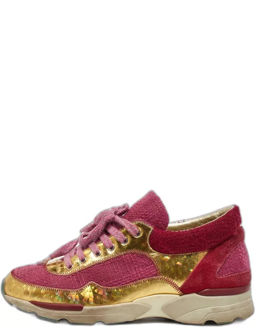 Chanel Pink/Gold Tweed and Leather CC Low Top Sneaker