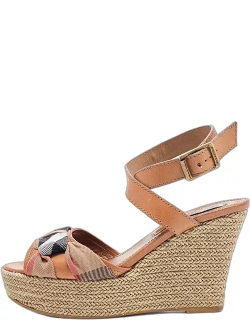 Burberry Brown Leather and Canvas Wedge Espadrilles Ankle Wrap Sandal