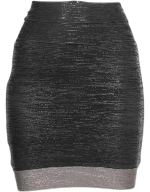 Herve Leger Black/Silver Coated Bandage Knit Mini Skirt