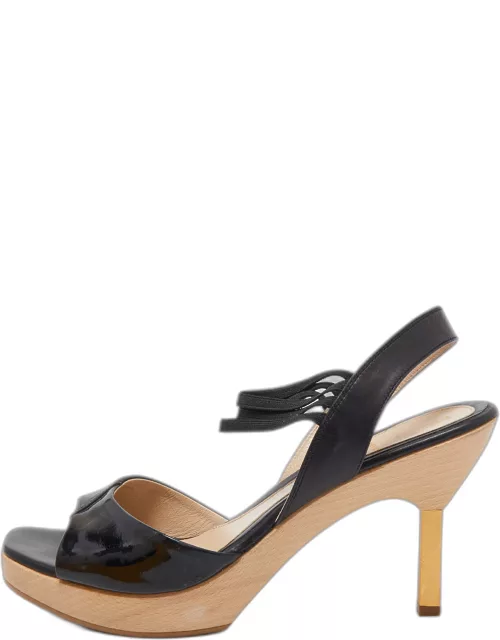 Fendi Black Leather Open Toe Platform Ankle Strap Sandal