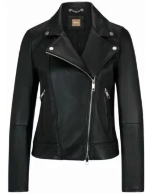 Regular-fit leather jacket with asymmetric zip- Black Women's Leather Jacket