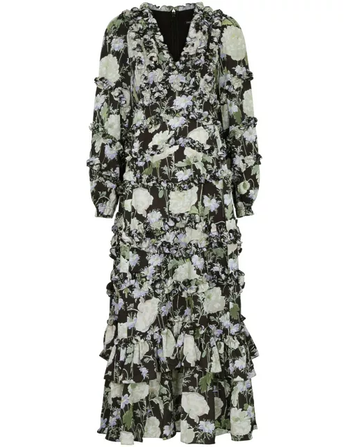 Needle & Thread Moonlight Petals Floral-print Matte Satin Maxi Dress - Black - 10 (UK10 / S)