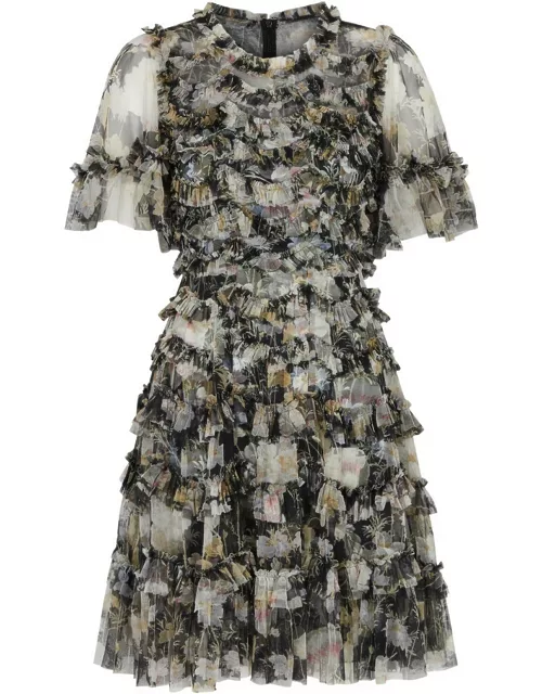 Needle & Thread Moonlight Petals Printed Ruffled Tulle Mini Dress - Black - 12 (UK12 / M)