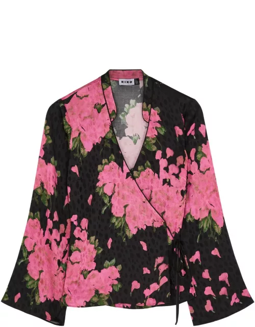 Rixo Blossom Floral-print Satin Wrap top - Black - 12 (UK 12 / M)