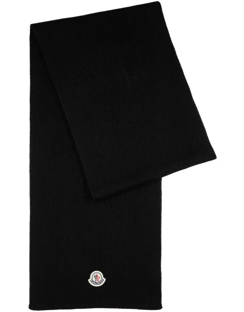 Moncler Logo Ribbed Wool Scarf - Black