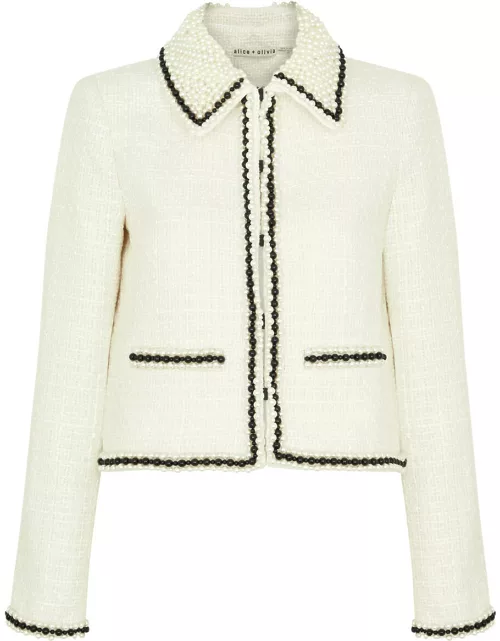 Alice + Olivia Kidman Pearl-embellished Cropped Tweed Jacket - Off White - M (UK 12 / M)