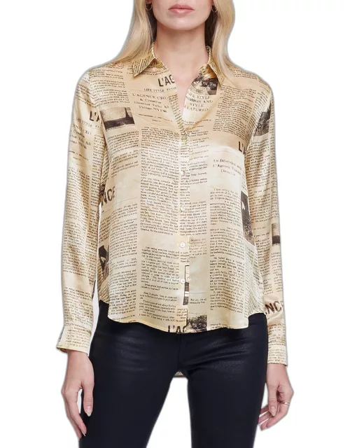 Tyler Newspaper-Print Button-Front Blouse
