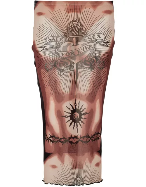 Jean Paul Gaultier Safe Sex Tattoo Printed Tulle Midi Skirt - Beige - M (UK12 / M)