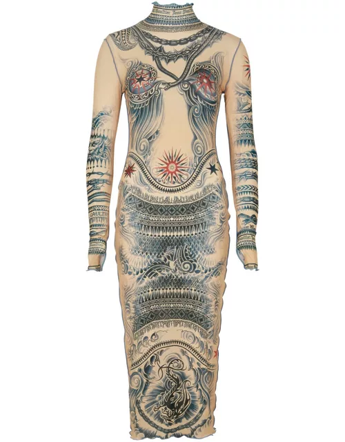 Jean Paul Gaultier Sun Tattoo Printed Stretch-jersey Midi Dress - Beige - L (UK14 / L)