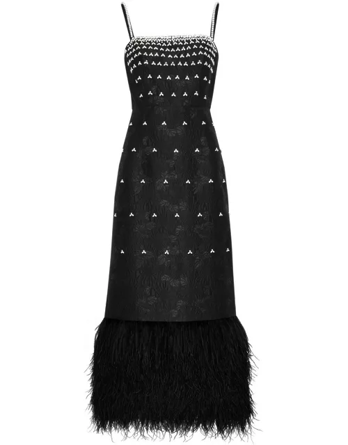 Huishan Zhang Astra Feather-trimmed Embellished Cloqué Midi Dress - Black - 12 (UK12 / M)