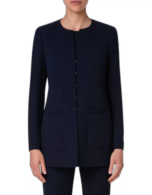 Collarless Wool Double-Face Stretch Long Fitted Jacket