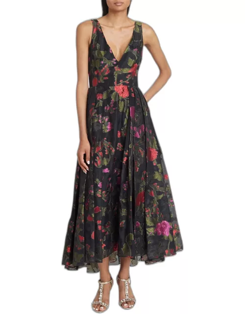 Plunging Pleated Floral Jacquard Sleeveless Tea-Length Dres