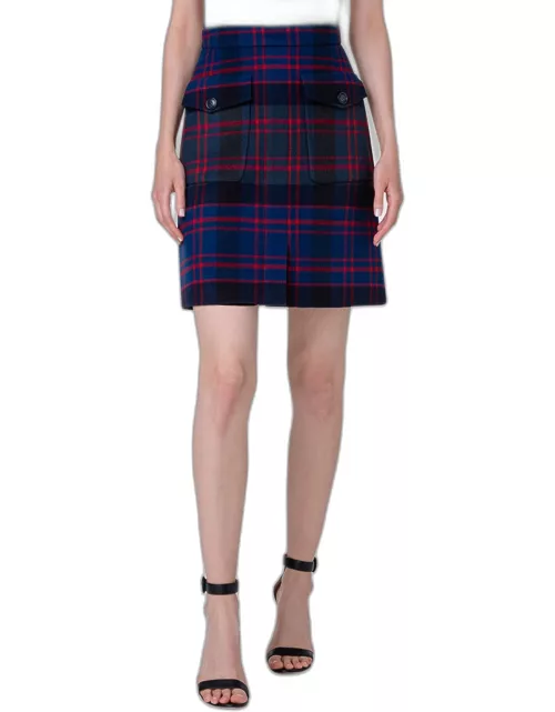 Check Wool-Cashmere Slit-Front A-Line Mini Skirt