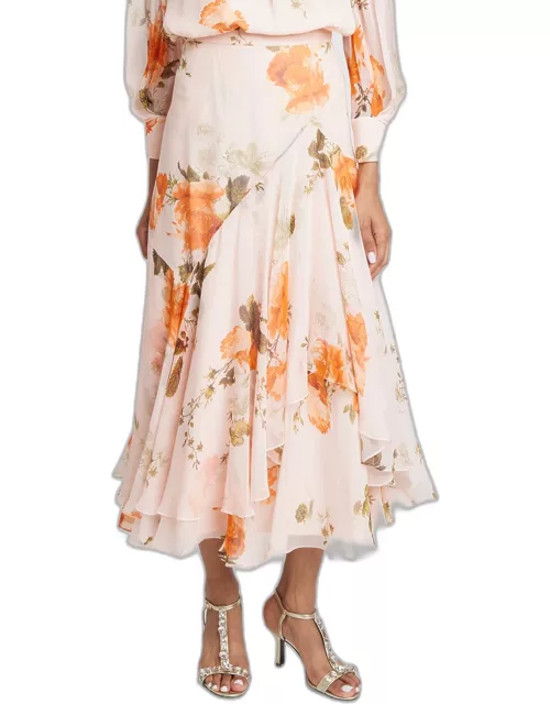 Floral-Print Asymmetric Tiered Silk Midi Skirt