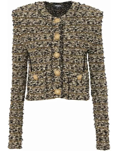 Balmain Collarless 2 Pkt Tweed Cropped Jacket