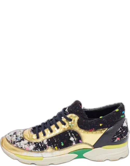 Chanel Tweed Fabric and Leather CC Sneaker