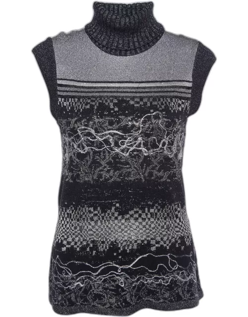 Kenzo Black Intarsia Lurex Knit Sleeveless Turtleneck Sweater