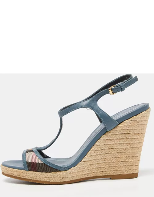 Burberry Blue/Brown Leather and House Check Canvas Espadrille Wedge Ankle Strap Sandal