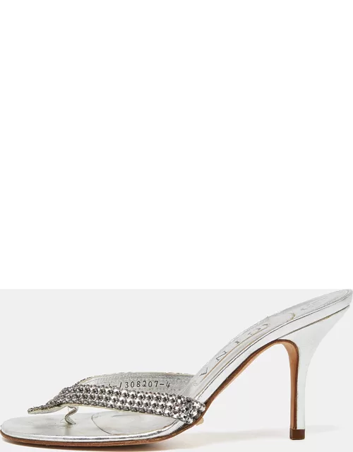 Gina Silver Crystal Embellished Leather Thong Sandal