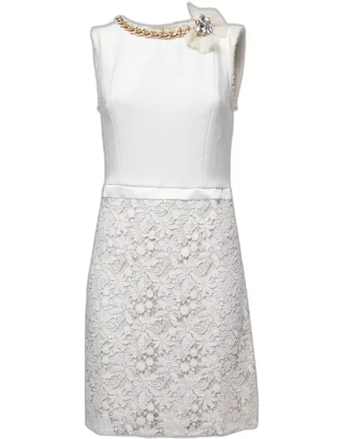 Elisabetta Franchi White Floral Lace Chain Detail Mini Dress
