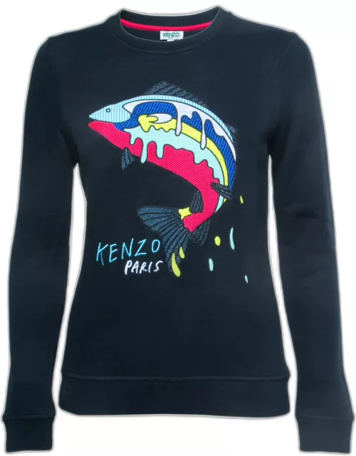 Kenzo Navy Blue Logo Shark Embroidered Cotton Crew Neck Sweatshirt