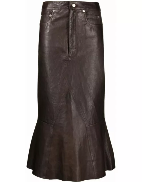 Brown leather flared midi skirt