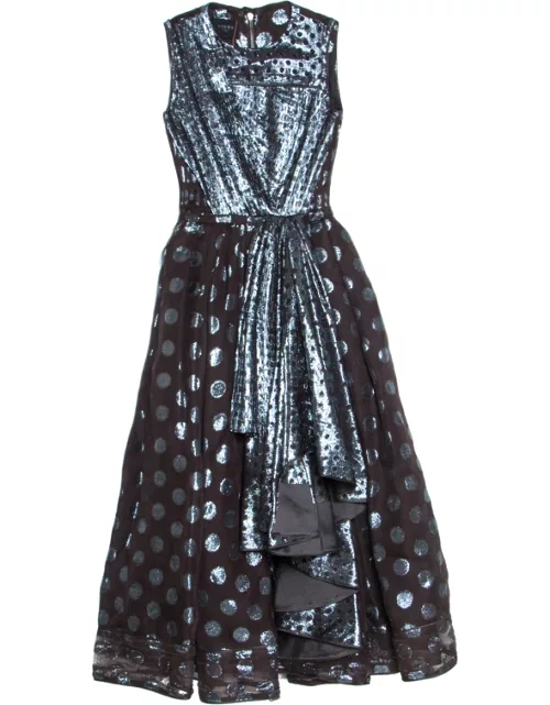 Loewe Brown and Metallic Blue Polka Dot Pattern Silk Pleat Detail Dress