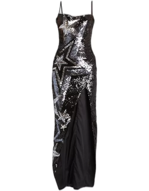 Long Star Sequin-Embroidered Dres