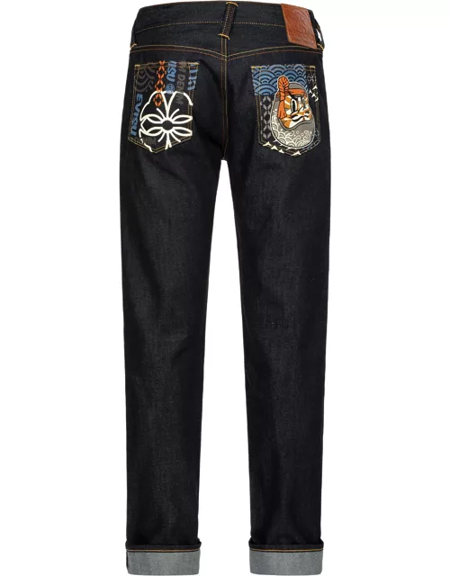 Fair Isle Pattern and Kumadori Daruma Print Slim Fit Denim Jeans #2010